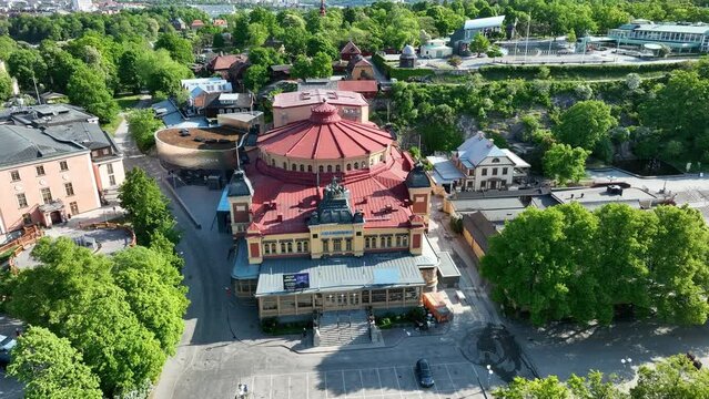 Aerial view of famous Cirkus event building on Djurgarden in city of Stockholm - Sweden.
