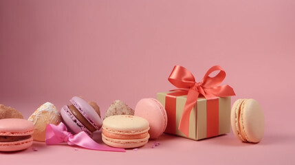 Fototapeta na wymiar Sobremesas francesas doces coloridas, biscoitos em caixa de presente em forma de coração com laço de cetim. Macaroons de bolo ou macaroon em fundo rosa, biscoitos de amêndoa