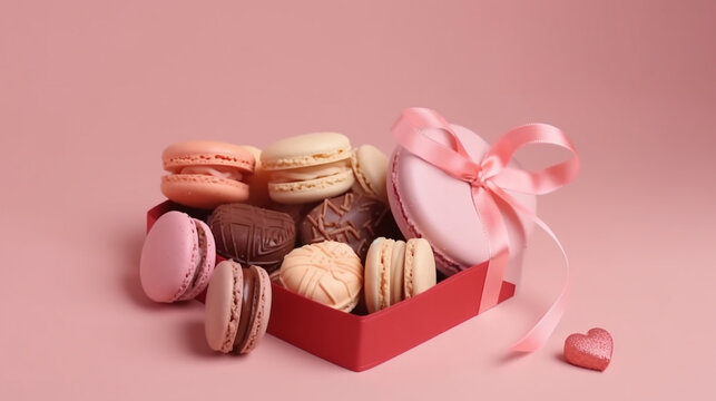 Sobremesas francesas doces coloridas, biscoitos em caixa de presente em forma de cora&ccedil;&atilde;o com la&ccedil;o de cetim. Macaroons de bolo ou macaroon em fundo rosa, biscoitos de am&ecirc;ndoa