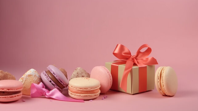 Sobremesas francesas doces coloridas, biscoitos em caixa de presente em forma de coração com laço de cetim. Macaroons de bolo ou macaroon em fundo rosa, biscoitos de amêndoa