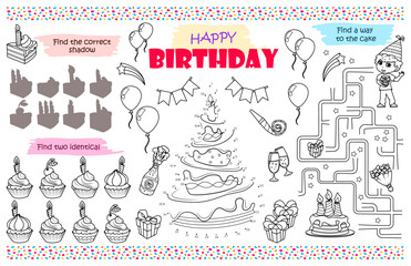 Festive placemat for children. Printable activity sheet "Happy Birthday" with a maze, connect the dots, and find the difference. 17x11 inch printable vector file