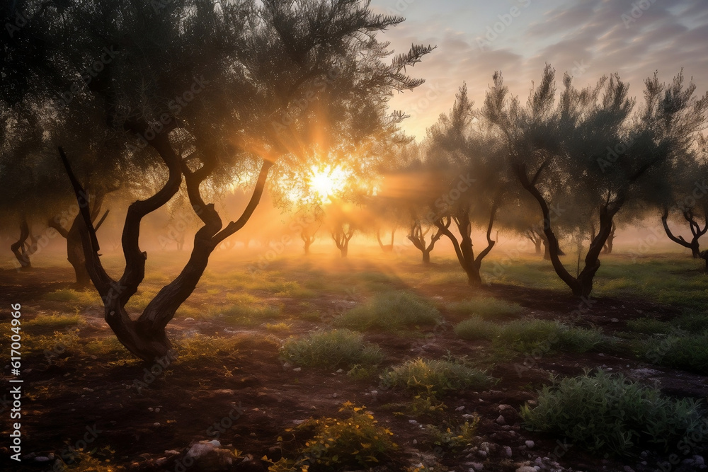 Canvas Prints A serene photo of an olive tree orchard at sunrise, reflecting the agricultural richness and natural beauty of the Middle Eastern landscape.