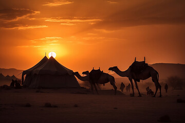 A striking photo portraying a desert scene at sunset, featuring the silhouettes of traditional Bedouin tents and camels, capturing the spirit of nomadic life.