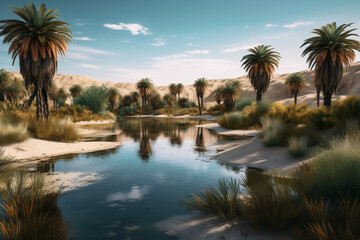 A dramatic photo portraying a peaceful oasis in the midst of a vast desert, with palm trees surrounding a tranquil water source under the fierce Middle Eastern sun.