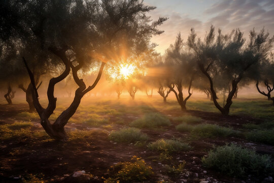 A serene photo of an olive tree orchard at sunrise, reflecting the agricultural richness and natural beauty of the Middle Eastern landscape.