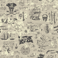 Fototapeta premium Vector abstract seamless pattern with Jolly Roger skulls, crossbones, pirate flag, swords, guns, caravels and other nautical symbols. Vintage hand-drawn background with illegible handwritten notes