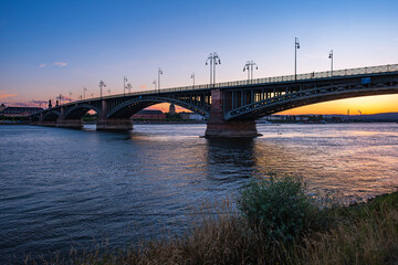 View of the Theodor Heuss Bridge over the Rhine between Mainz and Wiesbaden/Germany at sunset