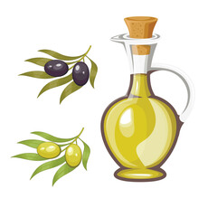 Olive oil bottle with olive and masline branches organic raw olive oil