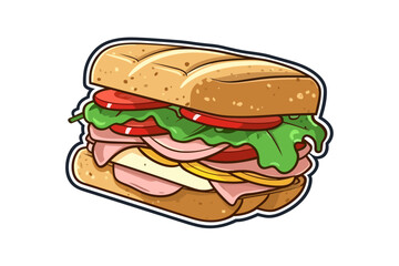 Vector illustration cartoon flat style delicious appetizing toast sandwich with sausage ham cheese tomato greens isolated on white sticker design