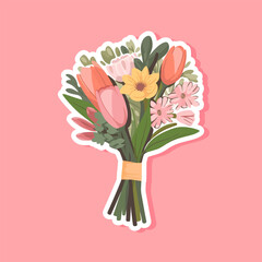 Vector flowers bouquet. Summer spring bouquet sticker isolated, woman flowers gift, tulips and daisies, vector illustration trendy flat design