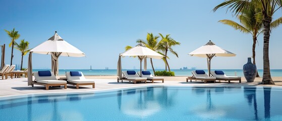 Fototapeta na wymiar Luxurious swimming pool and loungers umbrellas near beach and sea with palm trees and blue sky, Generative AI