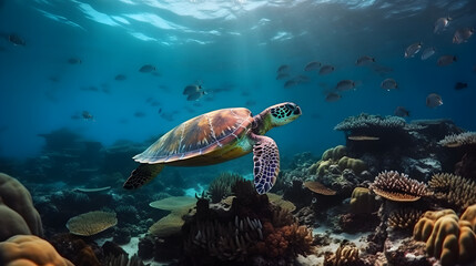 sea turtle swimming in the ocean with school fish out of the water created with Generative AI