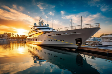 Fototapeta na wymiar A photograph capturing a luxury yacht docked at a vibrant marina during the golden hour, the warm lighting enhancing its elegance and luxury.