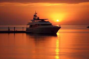 Fototapeta na wymiar A breathtaking photo of a luxury yacht moored in a tranquil bay, silhouetted against a backdrop of the setting sun and its warm, radiant hues.