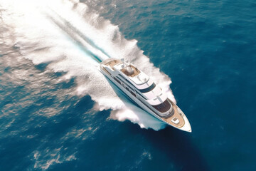 An aerial photo of a luxury yacht sailing on the open sea, leaving a trail of white foam in its wake, symbolizing freedom and adventure.