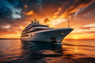 Fototapeta na wymiar A stunning photo of a luxury yacht sailing into the horizon at sunset, encapsulating the feeling of adventure and freedom.