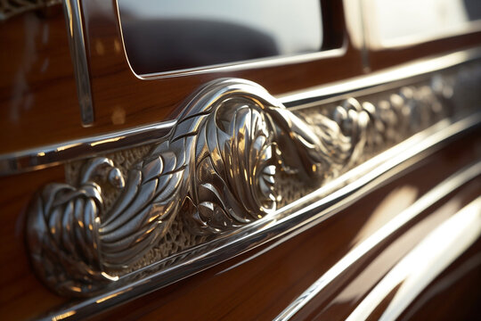 A close-up photo highlighting the exquisite details and craftsmanship of a luxury yacht, encapsulating the elegance of high-end nautical design.