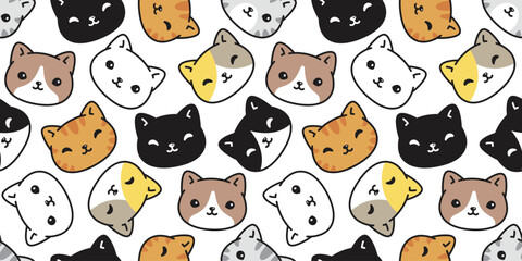 cat seamless pattern kitten calico face head vector neko cartoon character breed pet gift wrapping paper tile background repeat wallpaper animal doodle illustration design scarf isolated