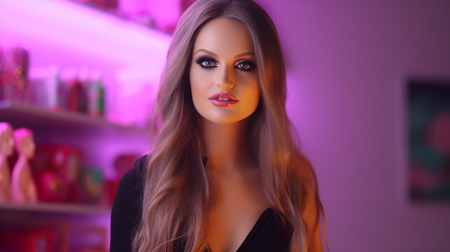 linda menina de boneca de loja em calcinha rosa bonita na pasta de c&oacute;pia de fundo neon