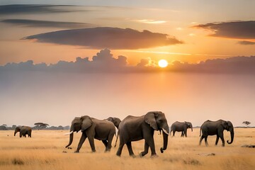 Fototapeta na wymiar elephants at sunset generated ai