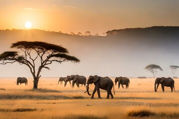 Naklejka na ściany i meble herd of elephants at sunset generated ai