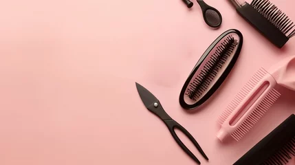 Fotobehang  ferramentas de cabeleireiro em fundo rosa com espaço de cópia © Alexandre