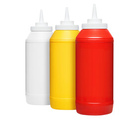 Bottled mayonnaise, mustard and ketchup, cut out