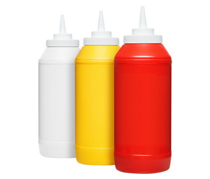 Bottled mayonnaise, mustard and ketchup, cut out