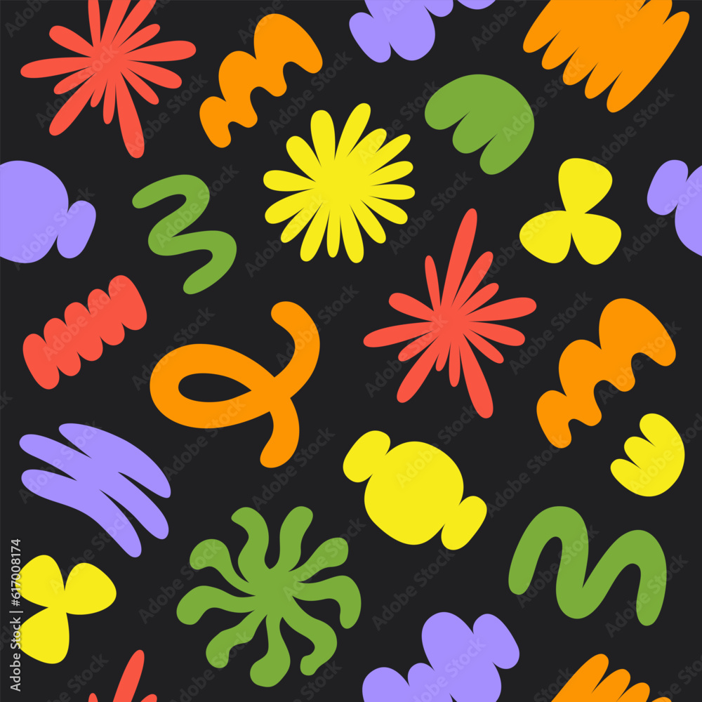 Poster abstract seamless pattern with colorful organic cartoon shapes on a black background. trendy random 