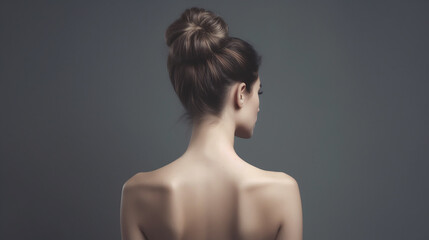 Mulher com penteado de coque em fundo cinza. Costas, ombros e pesco&ccedil;o nus. Vista traseira, fundo branco