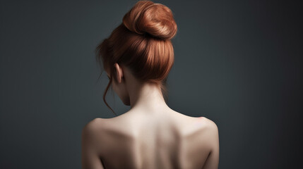 Mulher com penteado de coque em fundo cinza. Costas, ombros e pescoço nus. Vista traseira, fundo branco