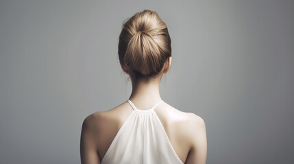 Obraz premium Mulher com penteado de coque em fundo cinza. Costas, ombros e pescoço nus. Vista traseira, fundo branco