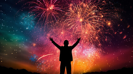 A silhueta de um homem  é capturada contra uma vibrante exibição de fogos de artifício no céu noturno. A foto retrata uma alegre celebração do feriado cheia de cores, luzes e emoções festivas