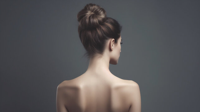 Mulher com penteado de coque em fundo cinza. Costas, ombros e pesco&ccedil;o nus. Vista traseira, fundo branco