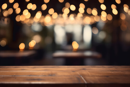 Empty wooden table top with lights bokeh on blury background, neural network generated image