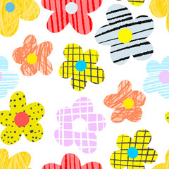 Naive seamless floral boho pattern with flowers on a white background in doodle style. Retro floral background surface design, textile, Scandinavian nursery print. ute contemporary minimalistic boho b