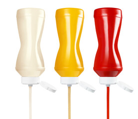 Ketchup, mustard and mayonnaise squeezing out of plastic bottles, cut out