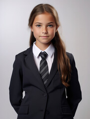 Portrait of a happy little schoolgirl in a bold school kit uniform outfit - obrazy, fototapety, plakaty