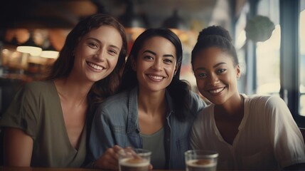 Three friends chatting in a cafe, smiling