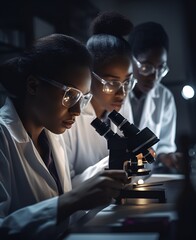 An African American woman scientist collaborating with her team on an innovative project