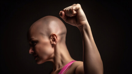 Obraz na płótnie Canvas Symbol of Determination: A Bald Woman Dresses in Pink, Raising her Fist in the Cancer Battle