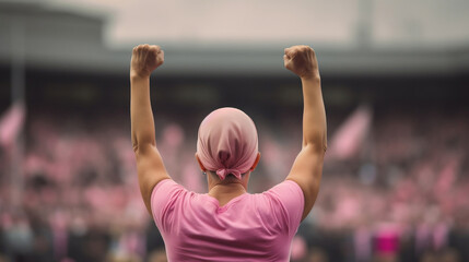 A woman raises her hands in front of a crowd in a campaign to fight breast cancer.