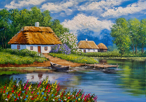 Rural landscape, oil painting on canvas - Ukraine house in the forest, boat and river, old village in the river