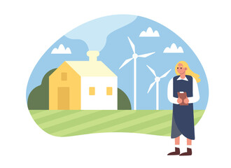 Wind generators work to support house. Personal generator of electricity from wind. Use of natural resources. Female cartoon character standing near buildings with two windmills