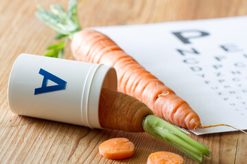 Carrot in vial of vitamin A, natural health for eyesight, concept 