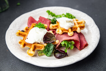waffles savory food meat pastrami meal food snack on the table copy space food background rustic top view