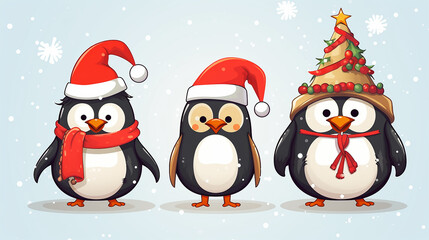 Fototapeta premium pínguins com touca de natal 