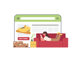 Cartoon woman buying goods on internet while lying on couch at home. Special offers at online stores. Mobile online shopping using smartphone. Vector illustration