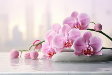 Pink orchids flowers in water, spa concept Generative AI