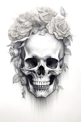 Fototapeta premium Skull and roses pencil sketch Generative AI